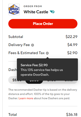 Example order from DoorDash laying out the fees